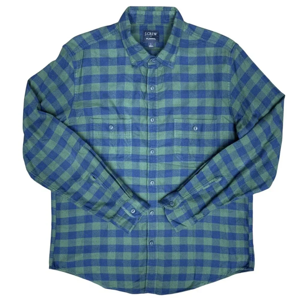 EUC Men's J. CREW Flannel Button Down Camp Shirt Navy and Green Gingham | Size L